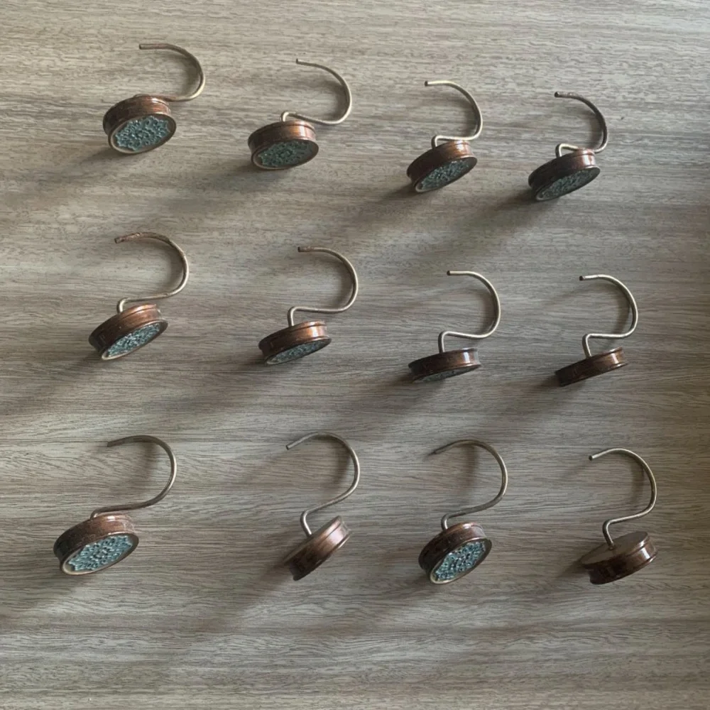 12 Blue Teal Floral Round Shower Curtain Hooks W/ Rusty Brown Metal Rings Touch